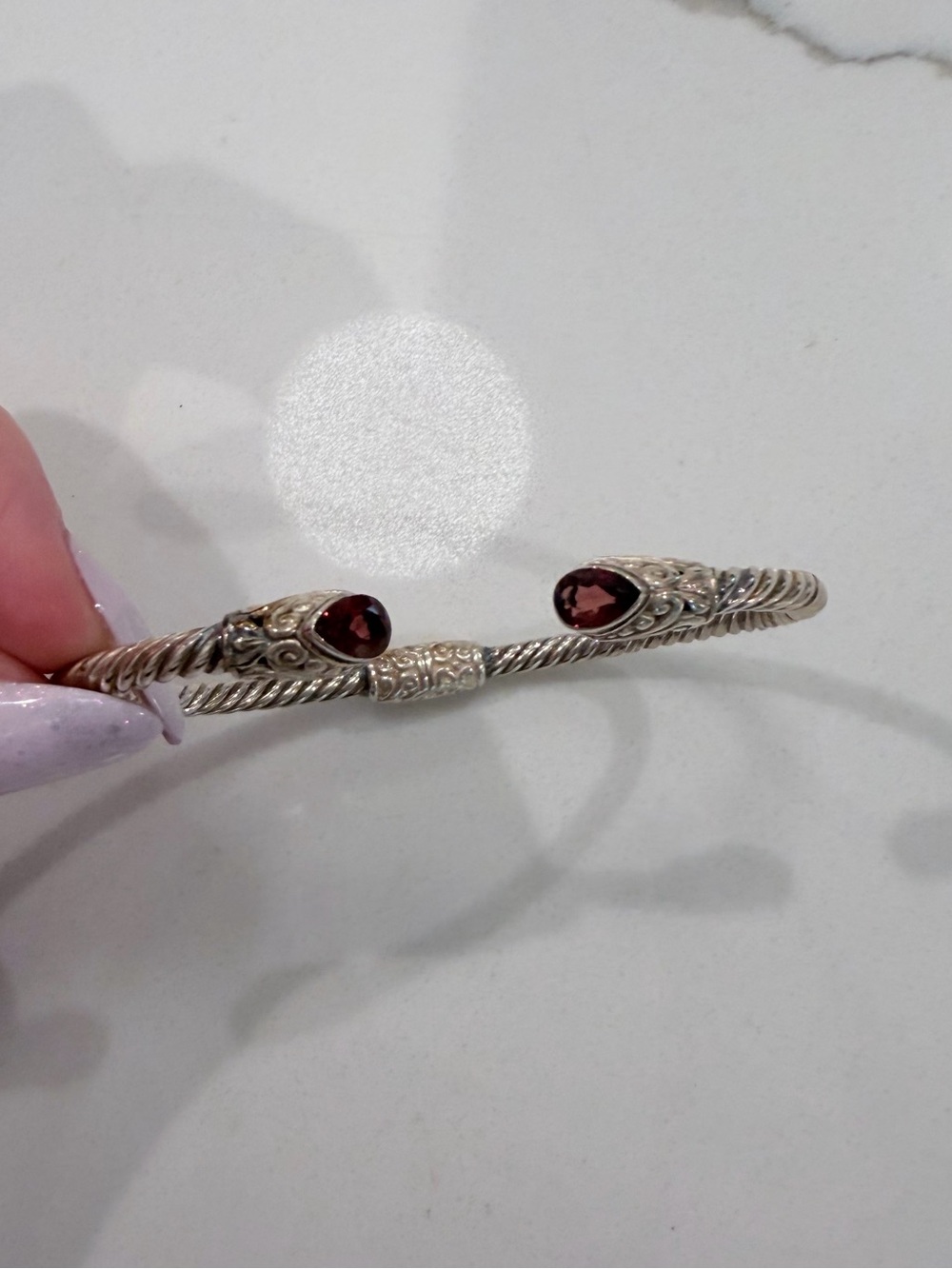 925 Sterling Silver Open Cuff Bracelet with Garnet Teardrop Stones - adjustable